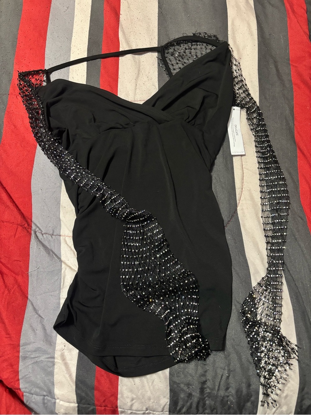 New VENUS Black Beaded Mesh Scarf Halter Top
